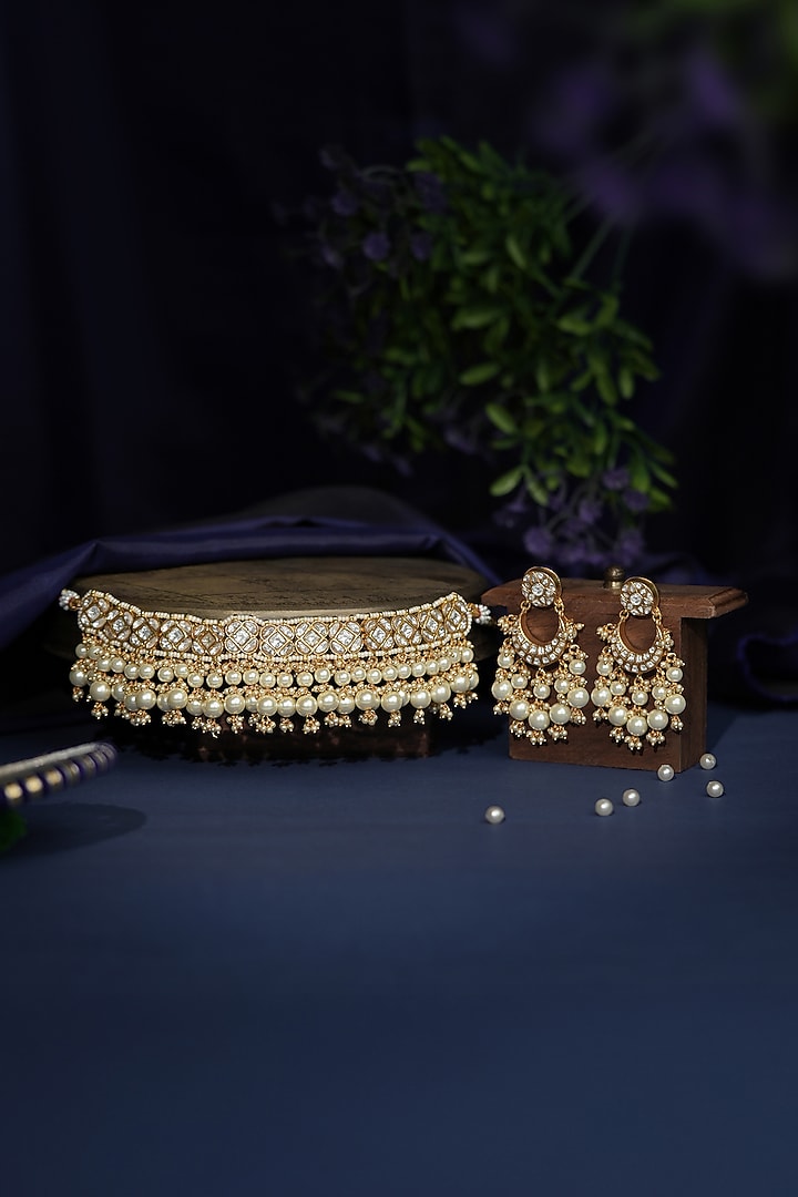 Gold Plated Jadtar Stone & Pearl Layered Choker Necklace Set by Riana Jewellery at Pernia's Pop Up Shop