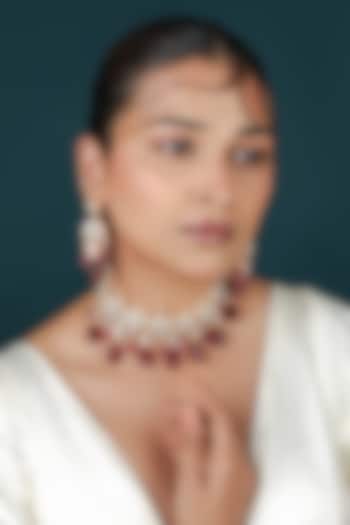 Gold Plated Rani Pink Jadtar Stone & Ruby Beaded Choker Necklace Set by Riana Jewellery at Pernia's Pop Up Shop