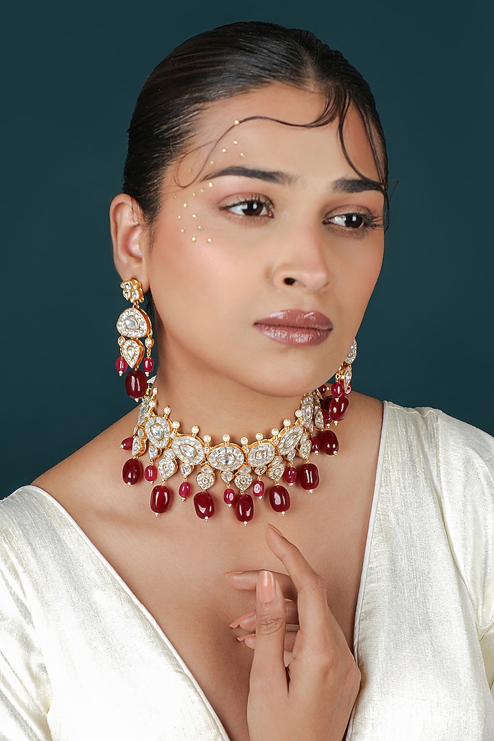 Gold Plated Rani Pink Jadtar Stone & Ruby Beaded Choker Necklace Set by Riana Jewellery at Pernia's Pop Up Shop