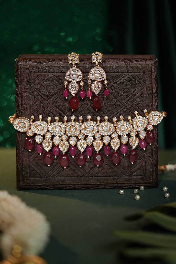 Gold Plated Rani Pink Jadtar Stone & Ruby Beaded Choker Necklace Set by Riana Jewellery at Pernia's Pop Up Shop