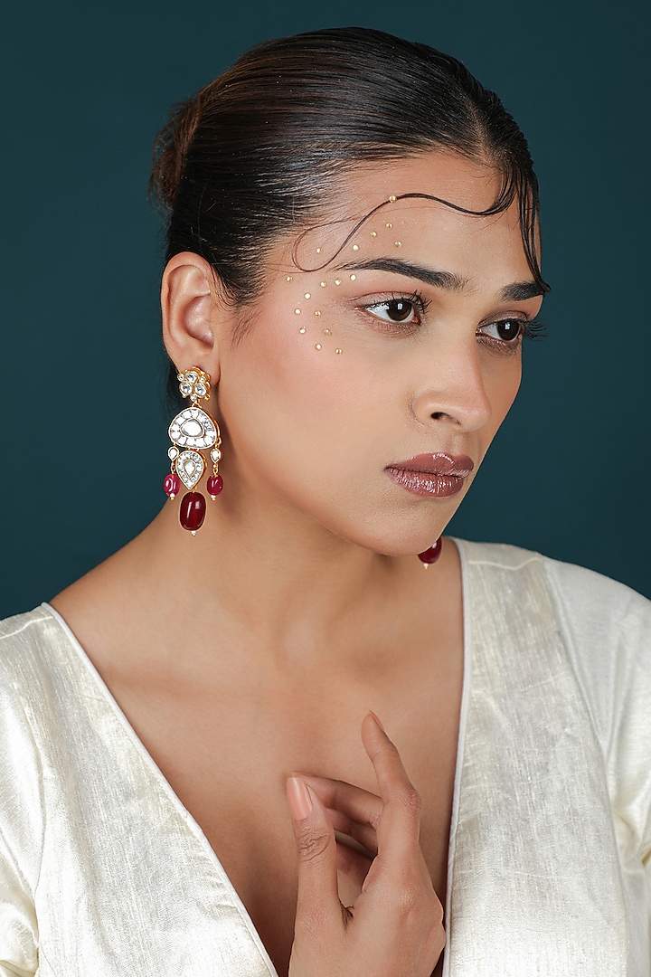Gold Plated Rani Pink Jadtar Stone & Ruby Beaded Choker Necklace Set by Riana Jewellery at Pernia's Pop Up Shop
