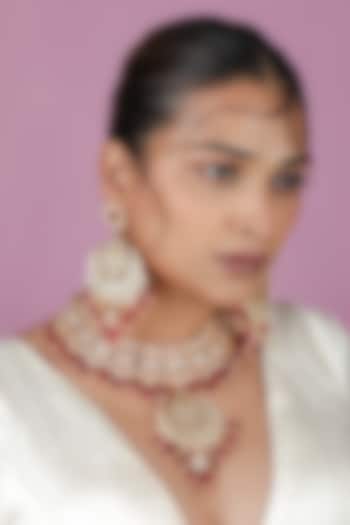 Gold Plated Jadtar Stone & Rose Pink Beaded Choker Necklace Set by Riana Jewellery at Pernia's Pop Up Shop