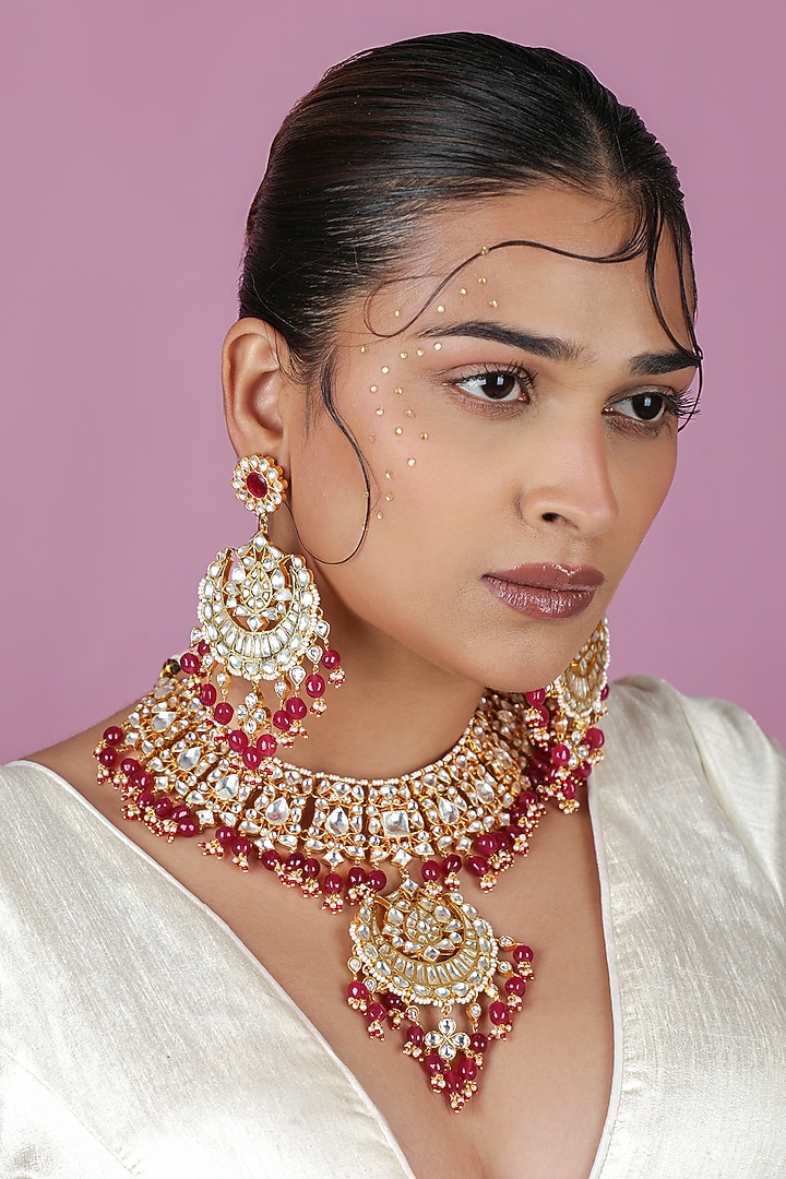 Gold Plated Jadtar Stone & Rose Pink Beaded Choker Necklace Set by Riana Jewellery at Pernia's Pop Up Shop