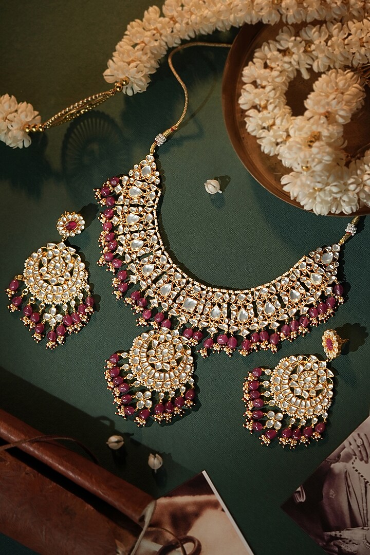 Gold Plated Jadtar Stone & Rose Pink Beaded Choker Necklace Set by Riana Jewellery at Pernia's Pop Up Shop