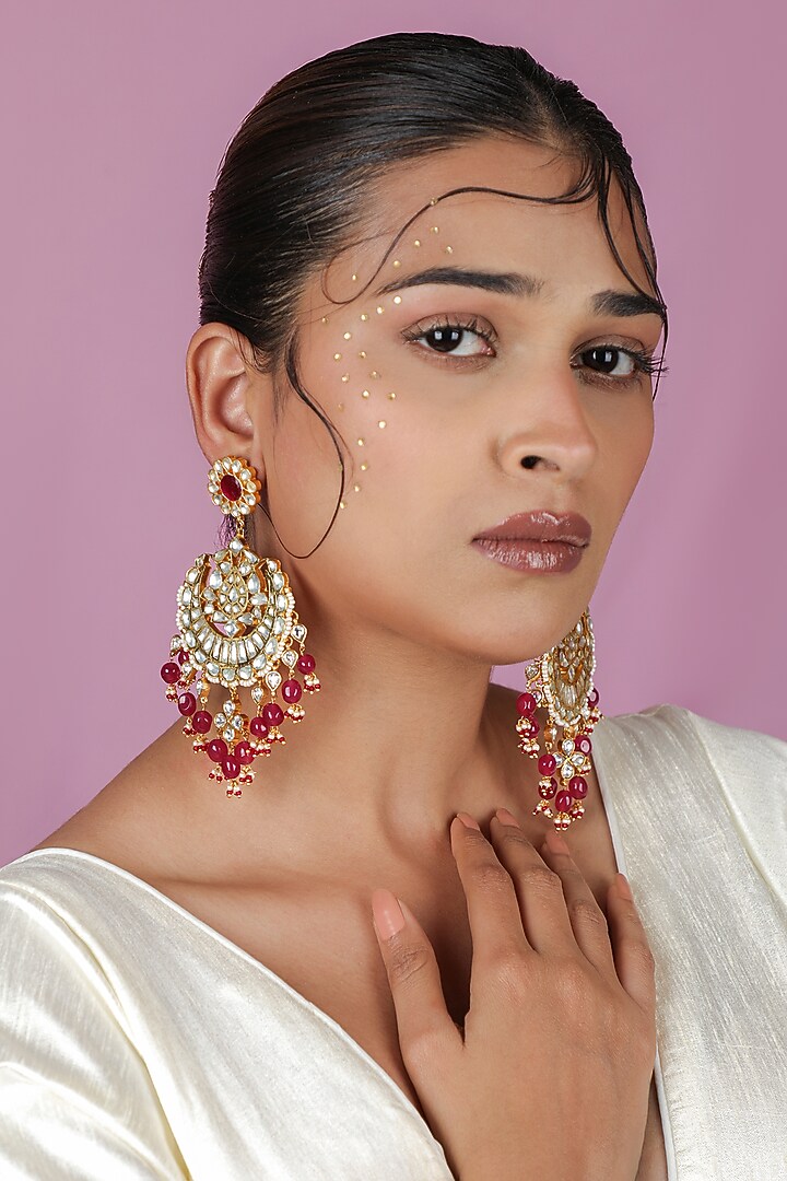 Gold Plated Jadtar Stone & Rose Pink Beaded Choker Necklace Set by Riana Jewellery at Pernia's Pop Up Shop