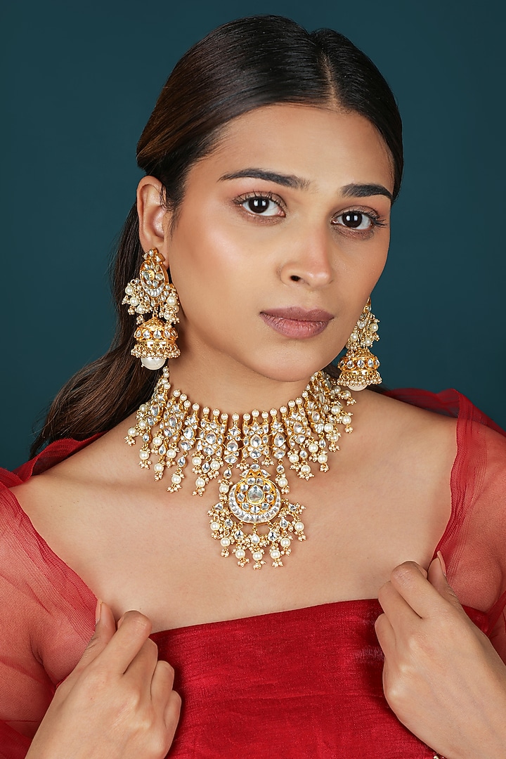 Gold Plated Pearl & Jadtar Stone Choker Necklace Set by Riana Jewellery at Pernia's Pop Up Shop