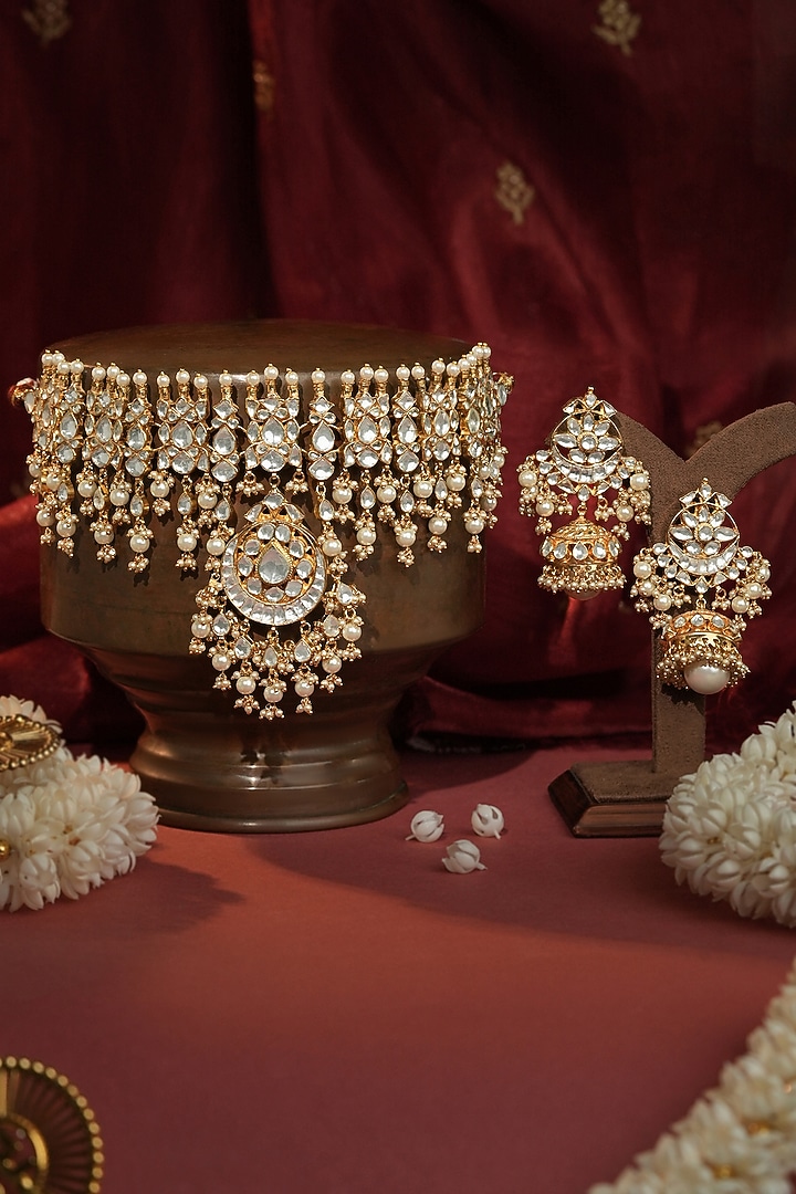 Gold Plated Pearl & Jadtar Stone Choker Necklace Set by Riana Jewellery at Pernia's Pop Up Shop