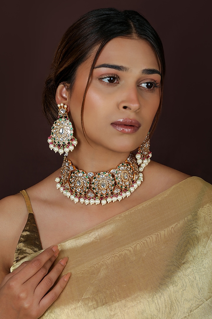 Gold Plated Pearl & Pastel Pink Beaded Choker Necklace Set by Riana Jewellery at Pernia's Pop Up Shop