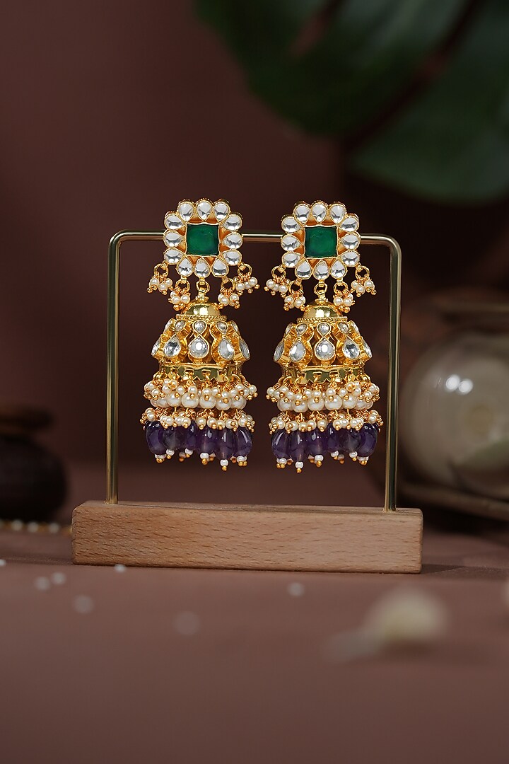 Gold Plated Emerald & Amethyst Jadtar Beaded Choker Necklace Set by Riana Jewellery at Pernia's Pop Up Shop