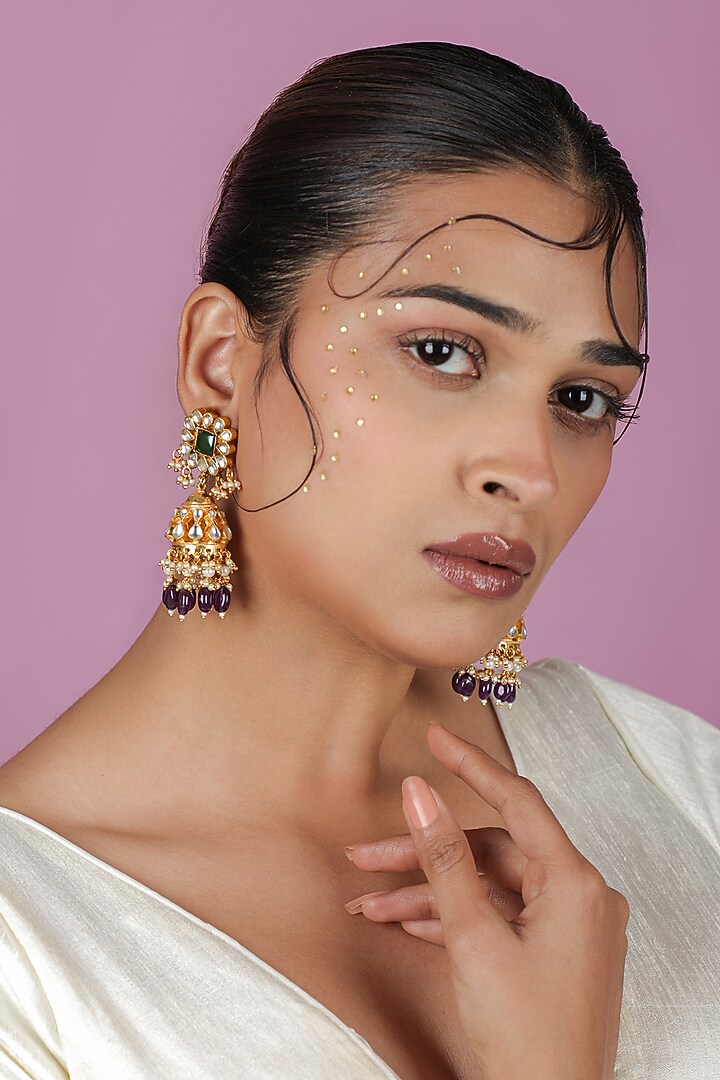 Gold Plated Emerald & Amethyst Jadtar Beaded Choker Necklace Set by Riana Jewellery at Pernia's Pop Up Shop