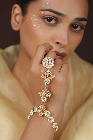 Gold Plated jadtar Stone & Pearl Haathphool (Set Of 2) by Riana Jewellery
