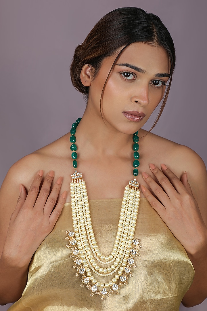 Gold Plated Pearl & Green Onyx Beaded Layered Mala by Riana Jewellery at Pernia's Pop Up Shop