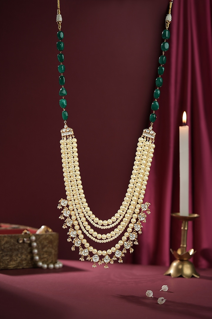 Gold Plated Pearl & Green Onyx Beaded Layered Mala by Riana Jewellery at Pernia's Pop Up Shop