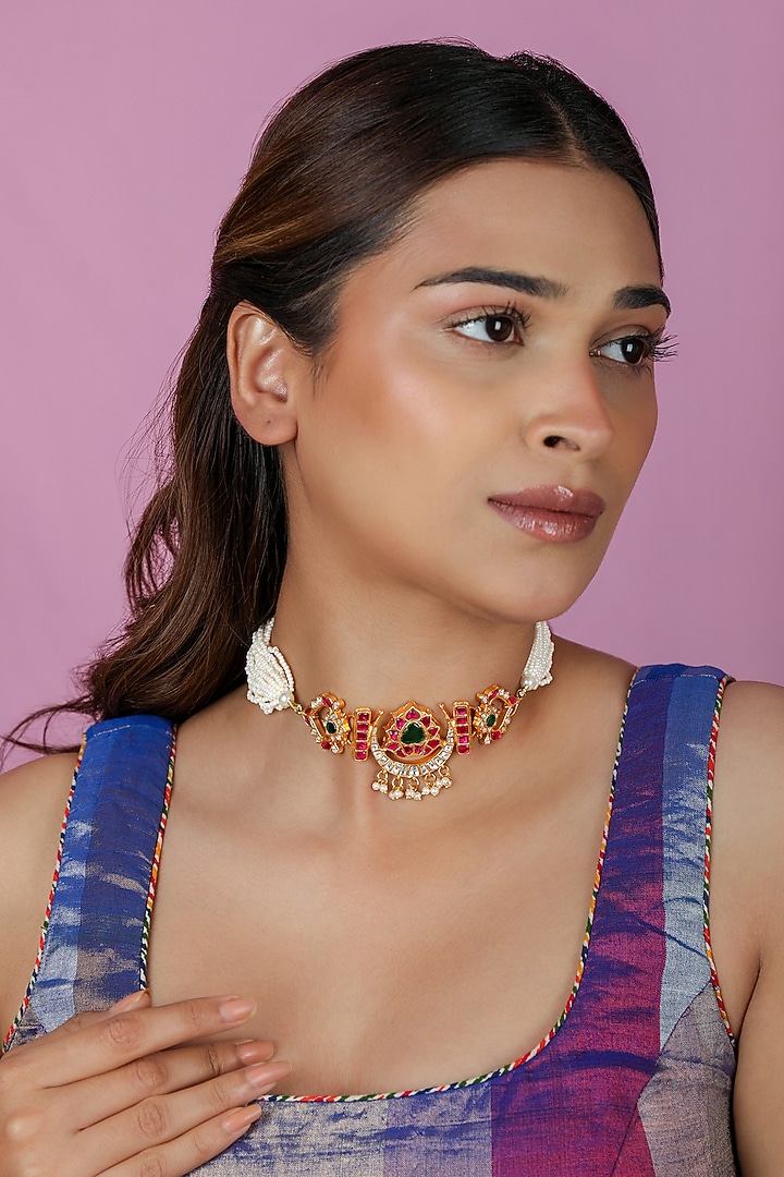 Gold Plated Pearl Beads & Jadtar Stone Choker Necklace by Riana Jewellery at Pernia's Pop Up Shop