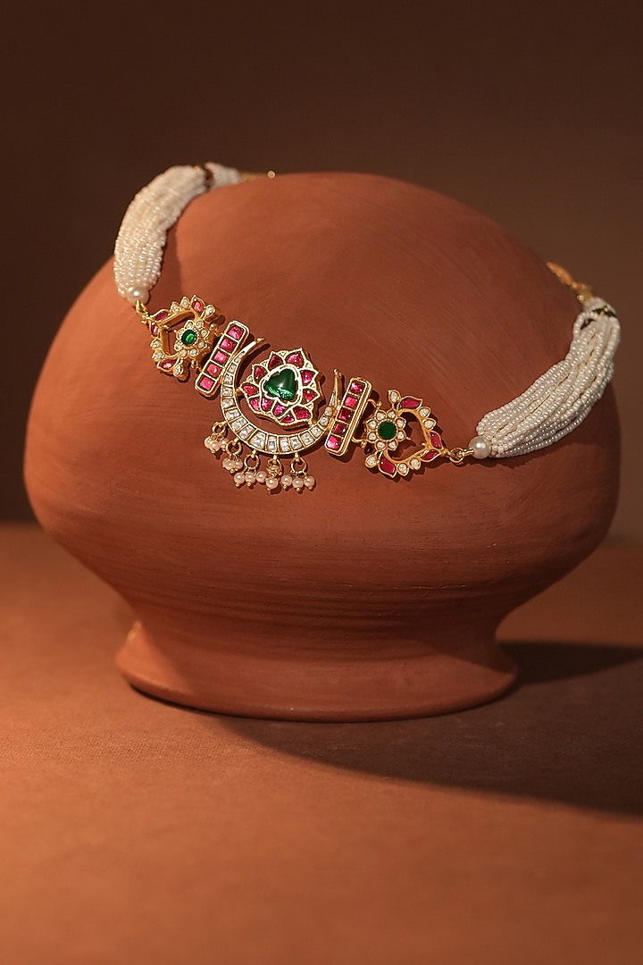 Gold Plated Pearl Beads & Jadtar Stone Choker Necklace by Riana Jewellery at Pernia's Pop Up Shop
