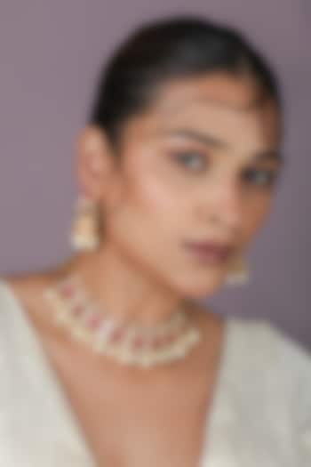 Gold Plated Pearl Beads & Rose Pink Jadtar Stone Choker Necklace Set by Riana Jewellery at Pernia's Pop Up Shop