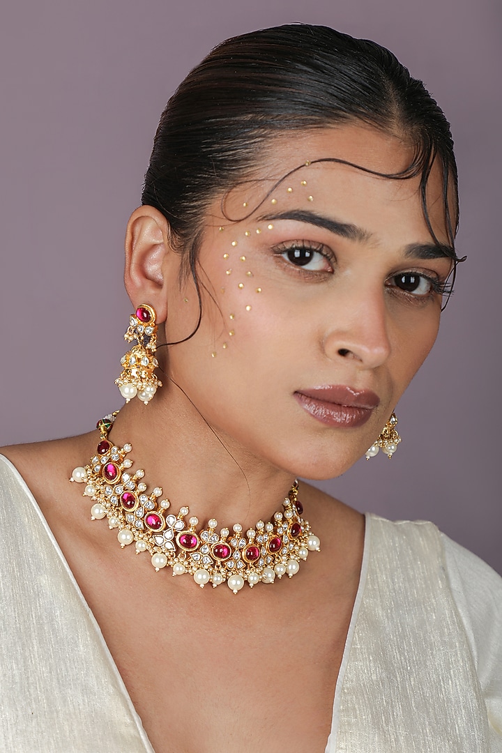 Gold Plated Pearl Beads & Rose Pink Jadtar Stone Choker Necklace Set by Riana Jewellery at Pernia's Pop Up Shop