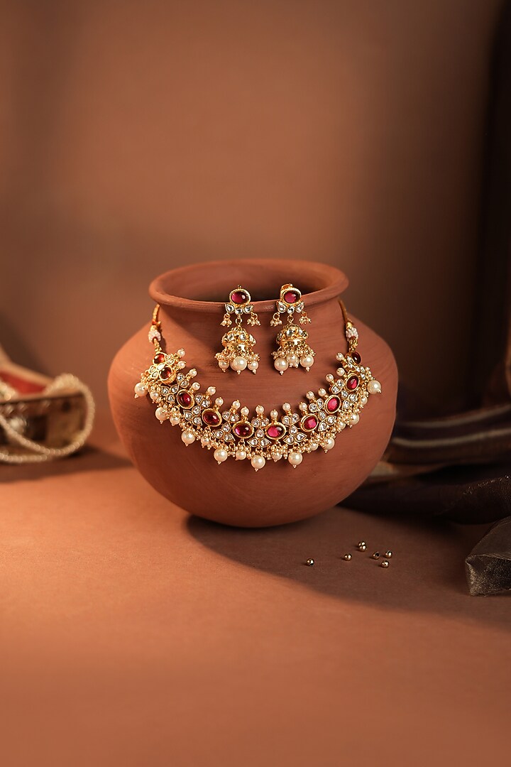 Gold Plated Pearl Beads & Rose Pink Jadtar Stone Choker Necklace Set by Riana Jewellery at Pernia's Pop Up Shop