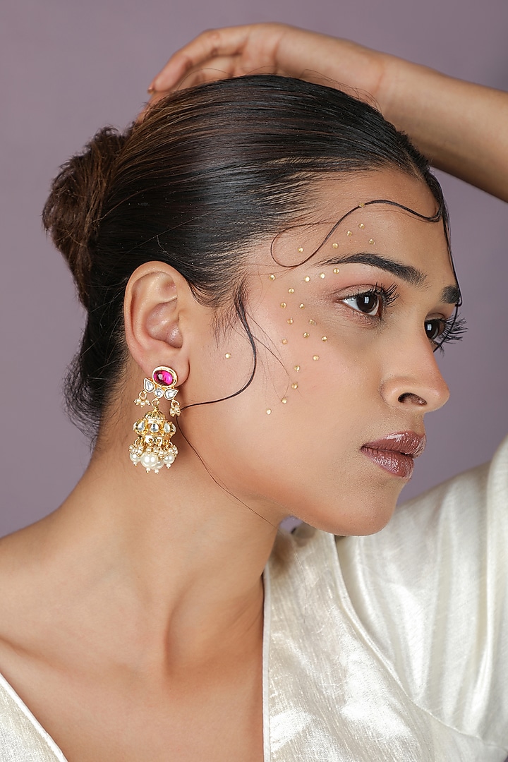 Gold Plated Pearl Beads & Rose Pink Jadtar Stone Choker Necklace Set by Riana Jewellery at Pernia's Pop Up Shop