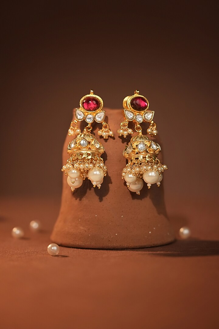 Gold Plated Pearl Beads & Rose Pink Jadtar Stone Choker Necklace Set by Riana Jewellery at Pernia's Pop Up Shop
