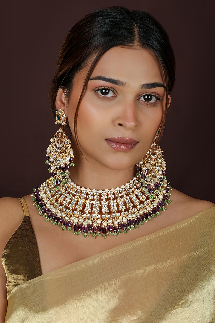 Gold Plated Purple & Green Jadtar Stone Necklace Set by Riana Jewellery at Pernia's Pop Up Shop