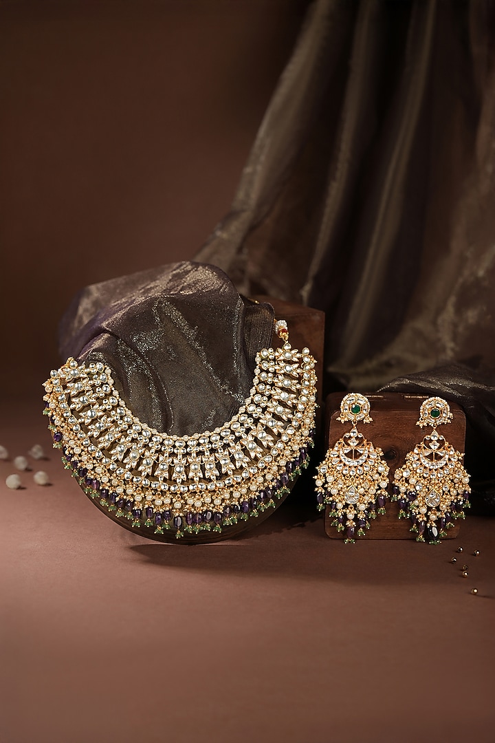 Gold Plated Purple & Green Jadtar Stone Necklace Set by Riana Jewellery at Pernia's Pop Up Shop