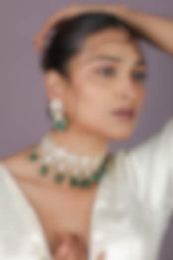 Gold Plated Jadtar Emerald Green Beaded Choker Necklace Set by Riana Jewellery at Pernia's Pop Up Shop