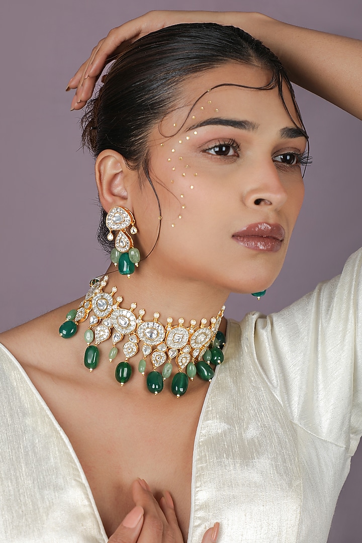Gold Plated Jadtar Emerald Green Beaded Choker Necklace Set by Riana Jewellery at Pernia's Pop Up Shop