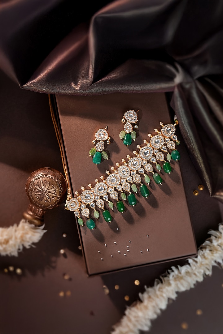 Gold Plated Jadtar Emerald Green Beaded Choker Necklace Set by Riana Jewellery at Pernia's Pop Up Shop