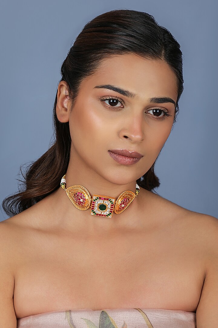 Gold Plated Multi-Colored Jadtar Stone Choker Necklace Set by Riana Jewellery at Pernia's Pop Up Shop