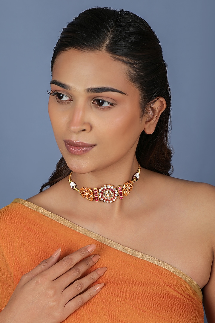 Gold Plated Pink Crystal & Jadtar Stone Floral Choker Necklace Set by Riana Jewellery at Pernia's Pop Up Shop