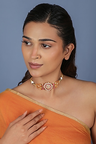 Gold Plated Pink Crystal & Jadtar Stone Floral Choker Necklace Set by Riana Jewellery