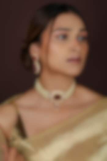 Gold Plated Red Jadtar Stone Choker Necklace Set by Riana Jewellery at Pernia's Pop Up Shop