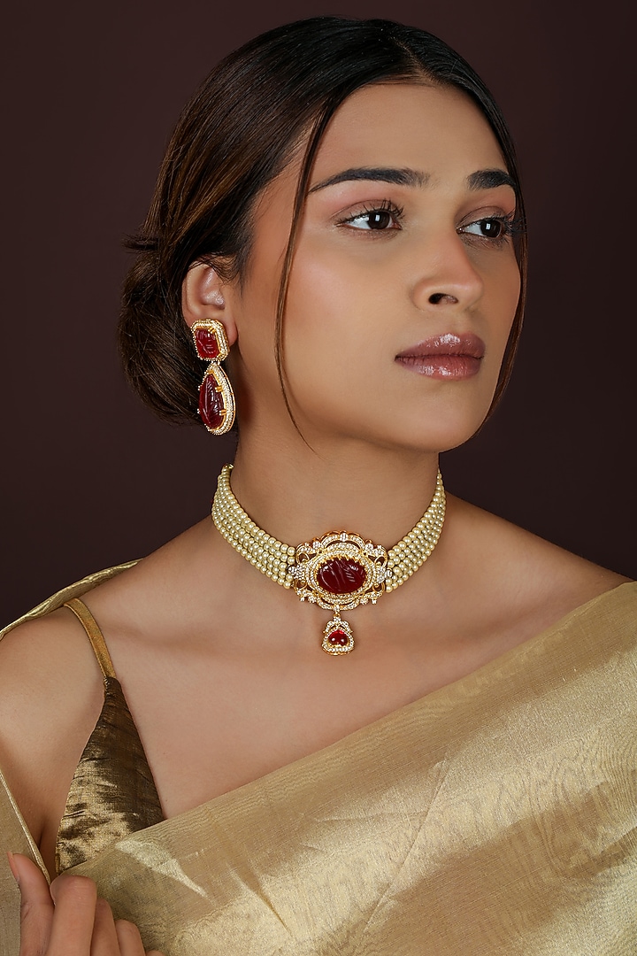 Gold Plated Red Jadtar Stone Choker Necklace Set by Riana Jewellery at Pernia's Pop Up Shop