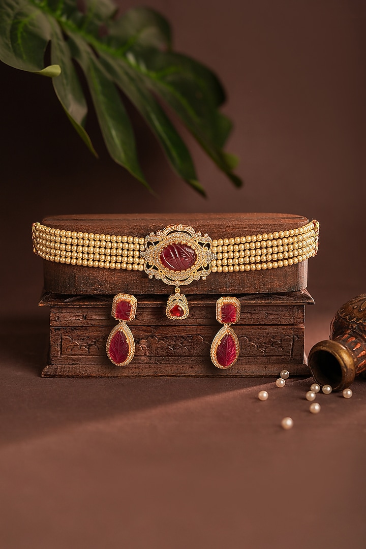 Gold Plated Red Jadtar Stone Choker Necklace Set by Riana Jewellery at Pernia's Pop Up Shop