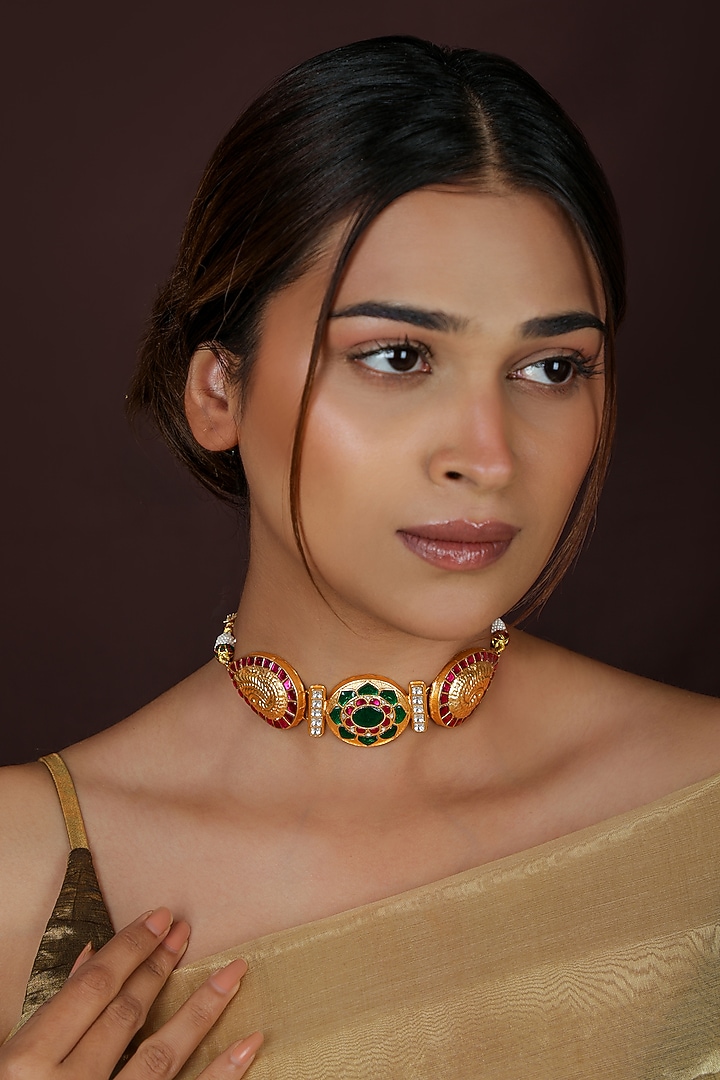 Gold Plated Pink & Green Jadtar Stone Choker Necklace Set by Riana Jewellery at Pernia's Pop Up Shop