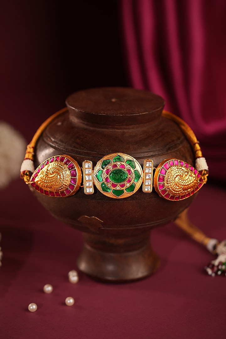 Gold Plated Pink & Green Jadtar Stone Choker Necklace Set by Riana Jewellery at Pernia's Pop Up Shop