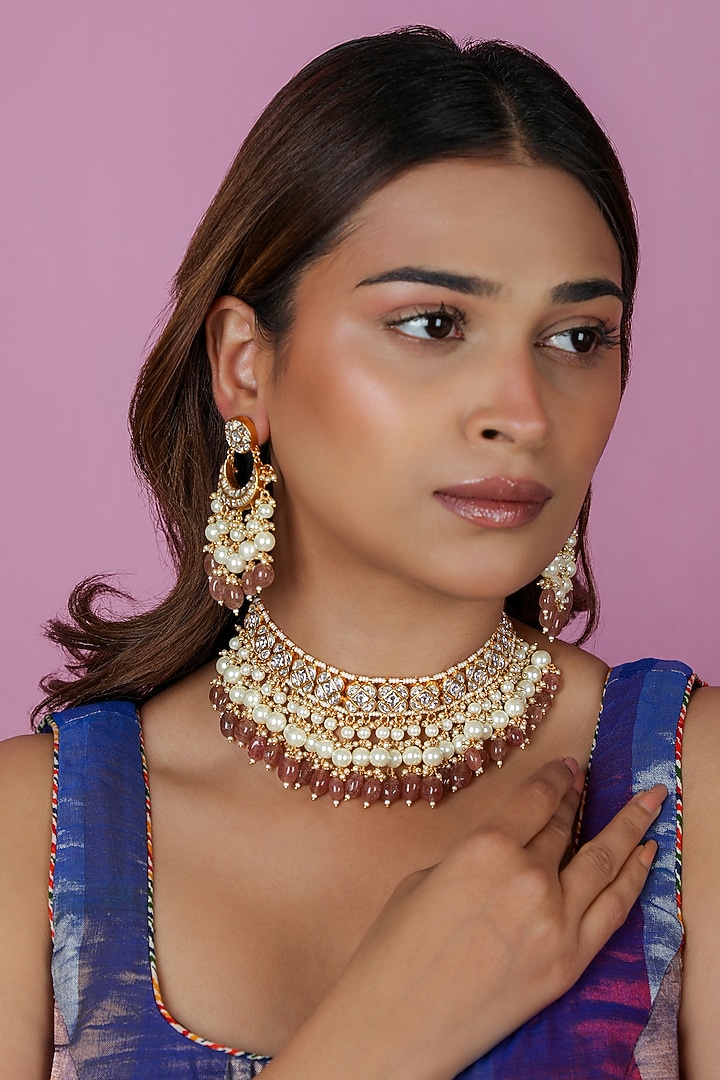 Gold Plated Pastel Pink Jadtar Beaded Choker Necklace Set by Riana Jewellery at Pernia's Pop Up Shop