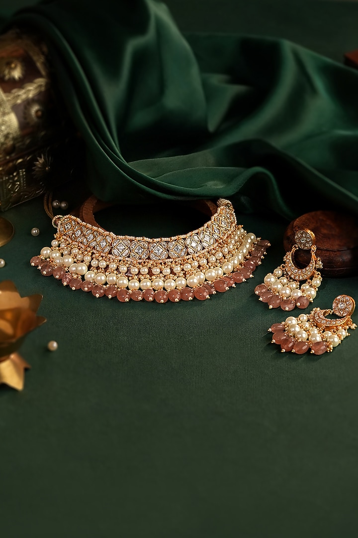 Gold Plated Pastel Pink Jadtar Beaded Choker Necklace Set by Riana Jewellery at Pernia's Pop Up Shop