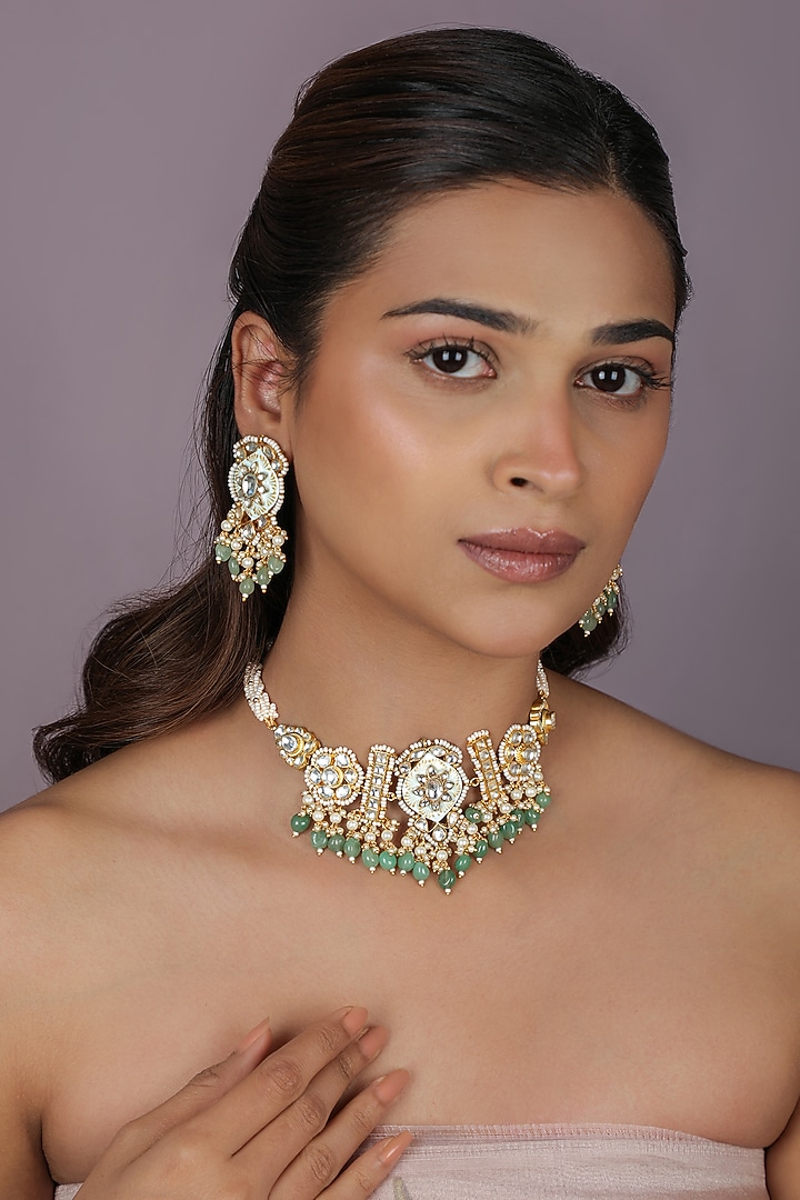 Gold Plated Jadtar Beaded Firozi Meenakari Choker Necklace Set by Riana Jewellery at Pernia's Pop Up Shop