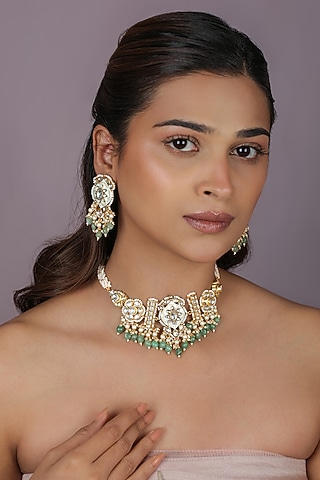 Gold Plated Jadtar Beaded Firozi Meenakari Choker Necklace Set by Riana Jewellery