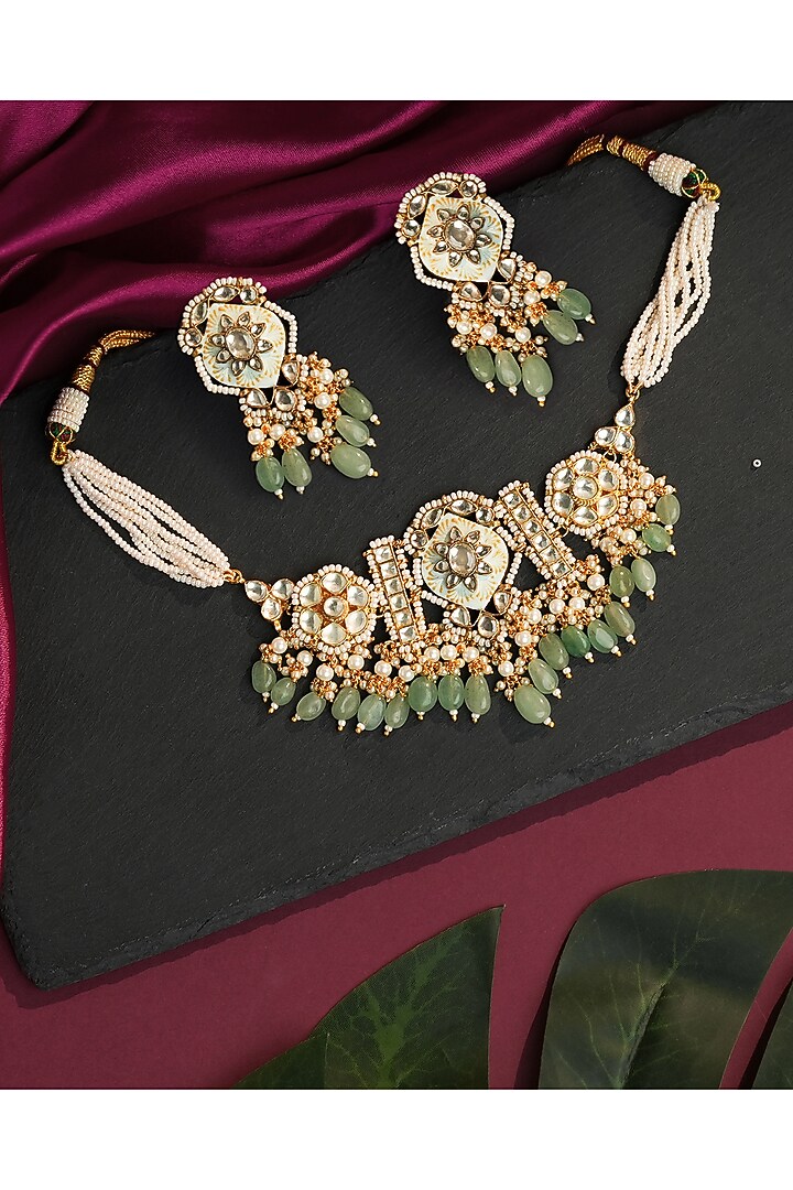 Gold Plated Jadtar Beaded Firozi Meenakari Choker Necklace Set by Riana Jewellery at Pernia's Pop Up Shop