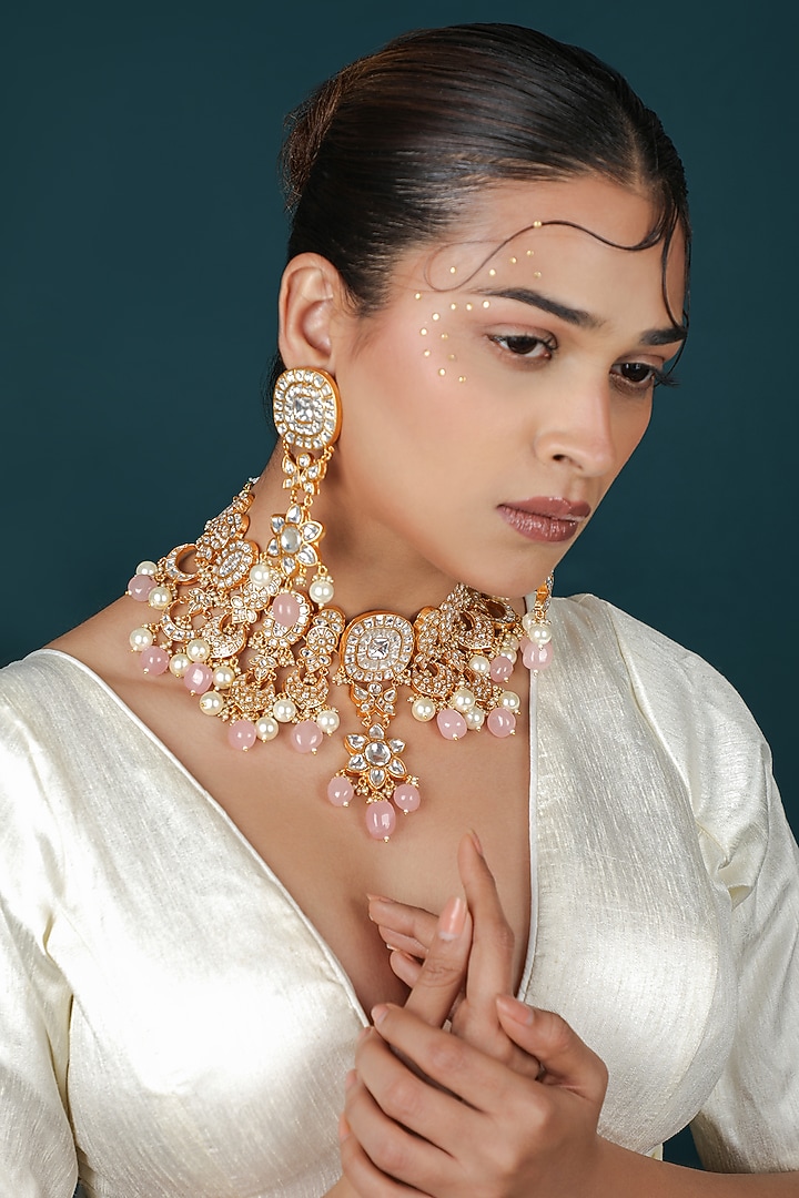 Gold Plated Rose Quartz Tumble Beaded Necklace Set by Riana Jewellery at Pernia's Pop Up Shop