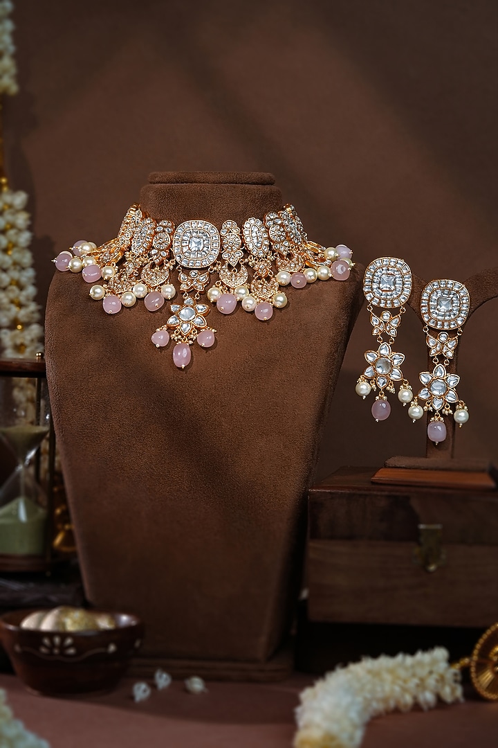 Gold Plated Rose Quartz Tumble Beaded Necklace Set by Riana Jewellery at Pernia's Pop Up Shop