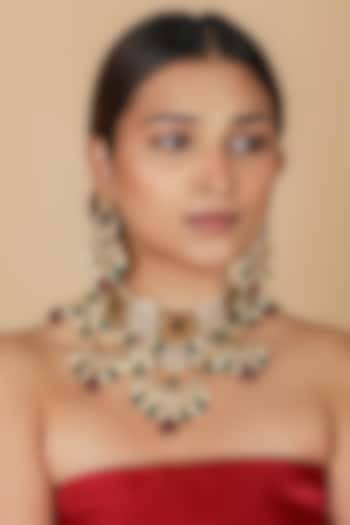 Gold Plated Pearl & Emerald Green Beaded Necklace Set by Riana Jewellery at Pernia's Pop Up Shop