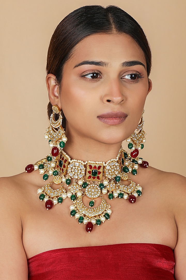 Gold Plated Pearl & Emerald Green Beaded Necklace Set by Riana Jewellery at Pernia's Pop Up Shop