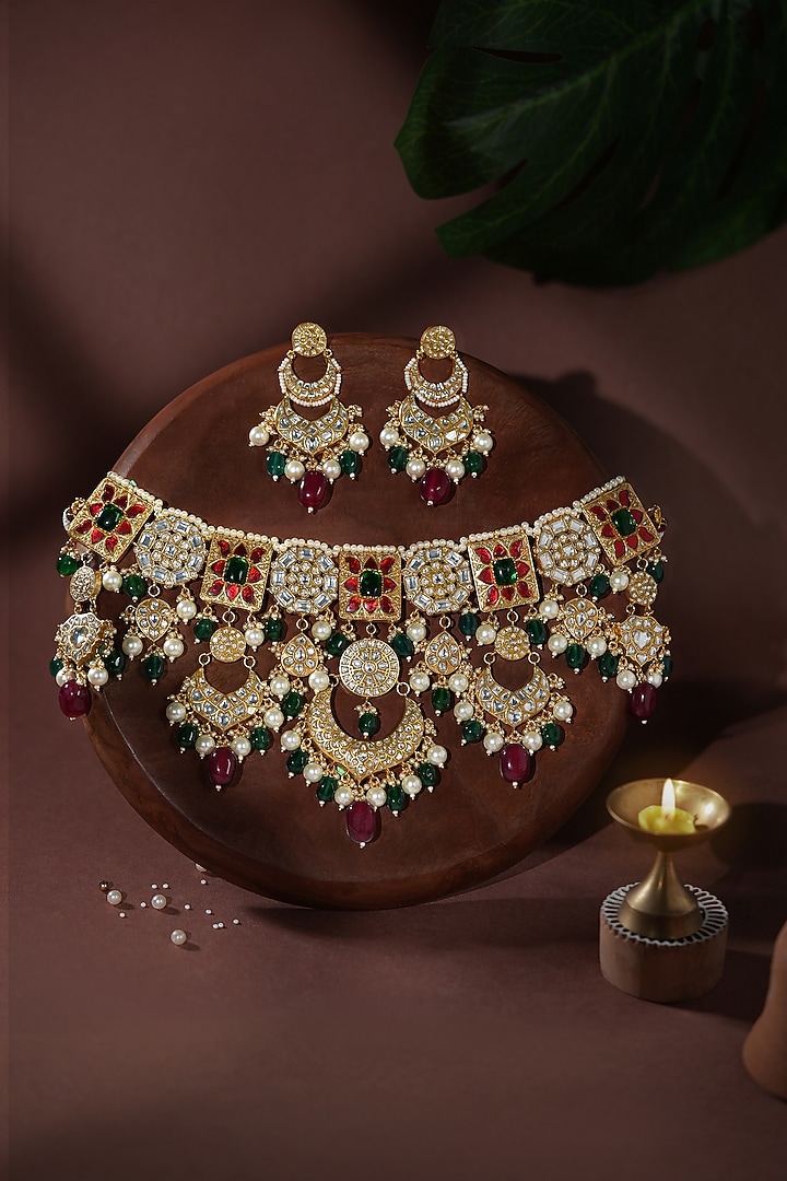 Gold Plated Pearl & Emerald Green Beaded Necklace Set by Riana Jewellery at Pernia's Pop Up Shop
