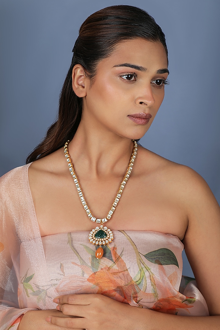 Gold Plated Green Jadtar Stone Teardrop-shaped Pendant Necklace by Riana Jewellery at Pernia's Pop Up Shop