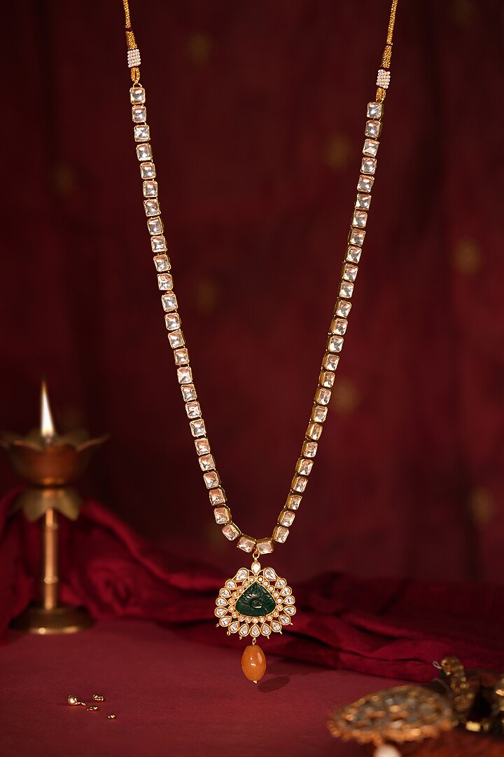 Gold Plated Green Jadtar Stone Teardrop-shaped Pendant Necklace by Riana Jewellery at Pernia's Pop Up Shop