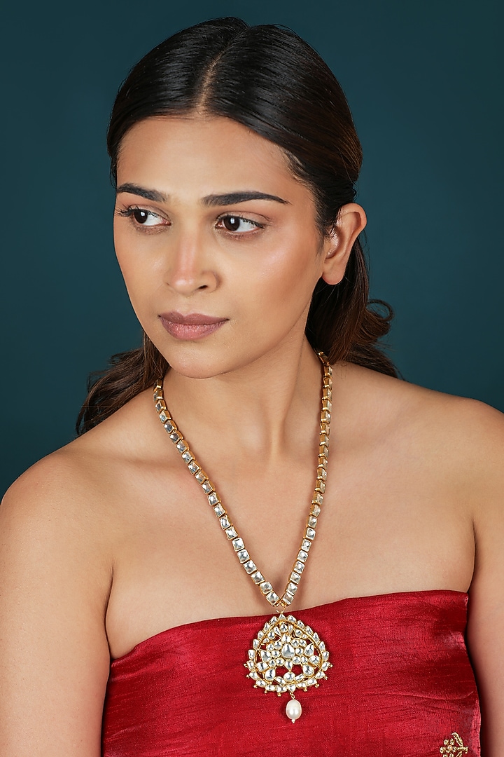 Gold Plated Pearl & Jadtar Stone Long Pendant Necklace by Riana Jewellery at Pernia's Pop Up Shop